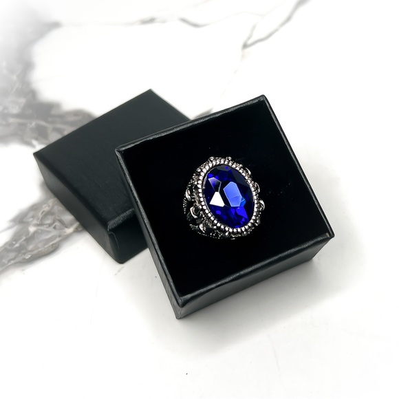 ✦ Men’s Chunky Tribal Blue Rhinestone Stainless Steel Statement Claw Ring - Picture 5 of 5